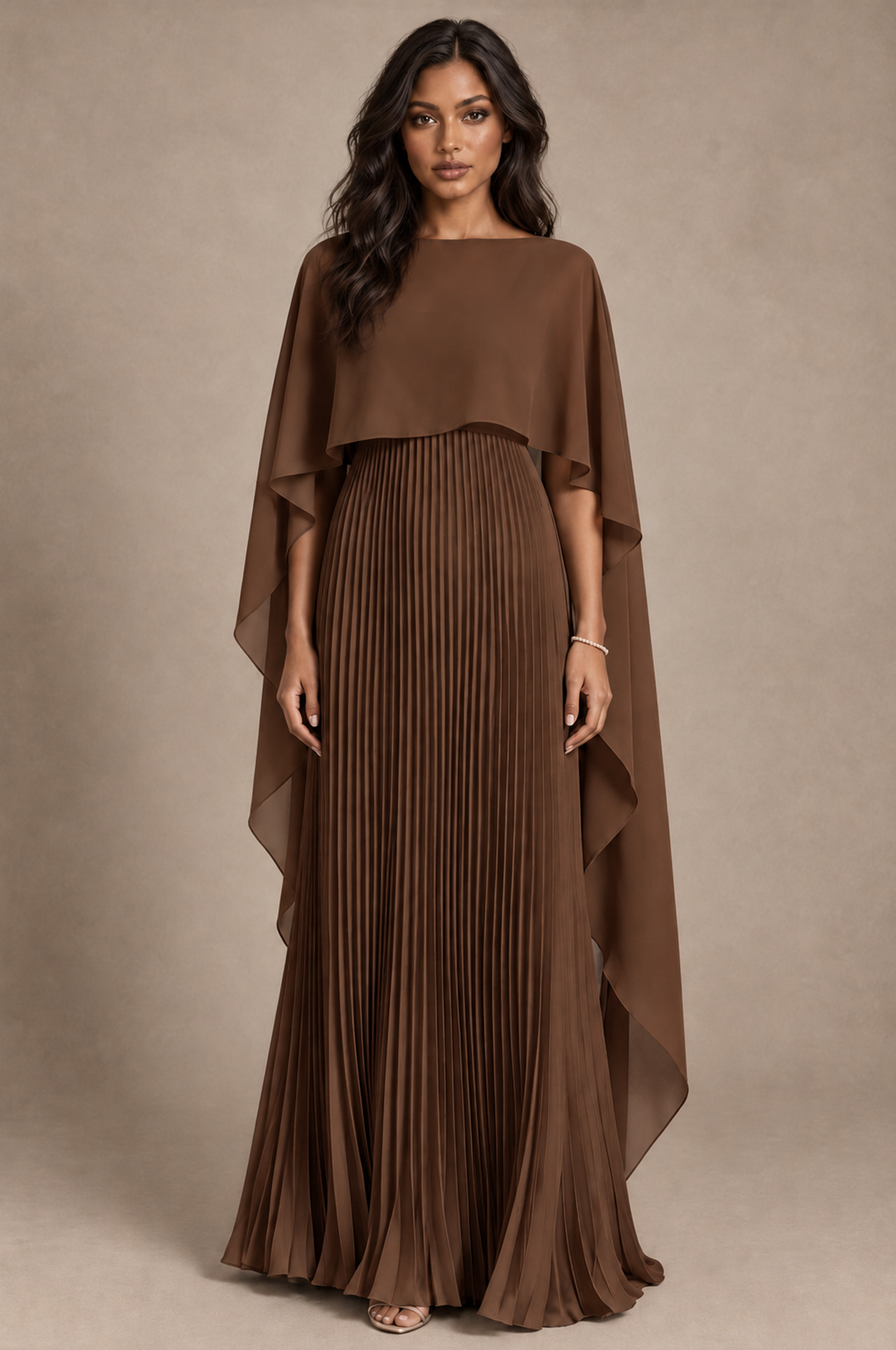 BOLODOO Brown Pleated Cape A-Line Evening Dress - Brown - Brown_1