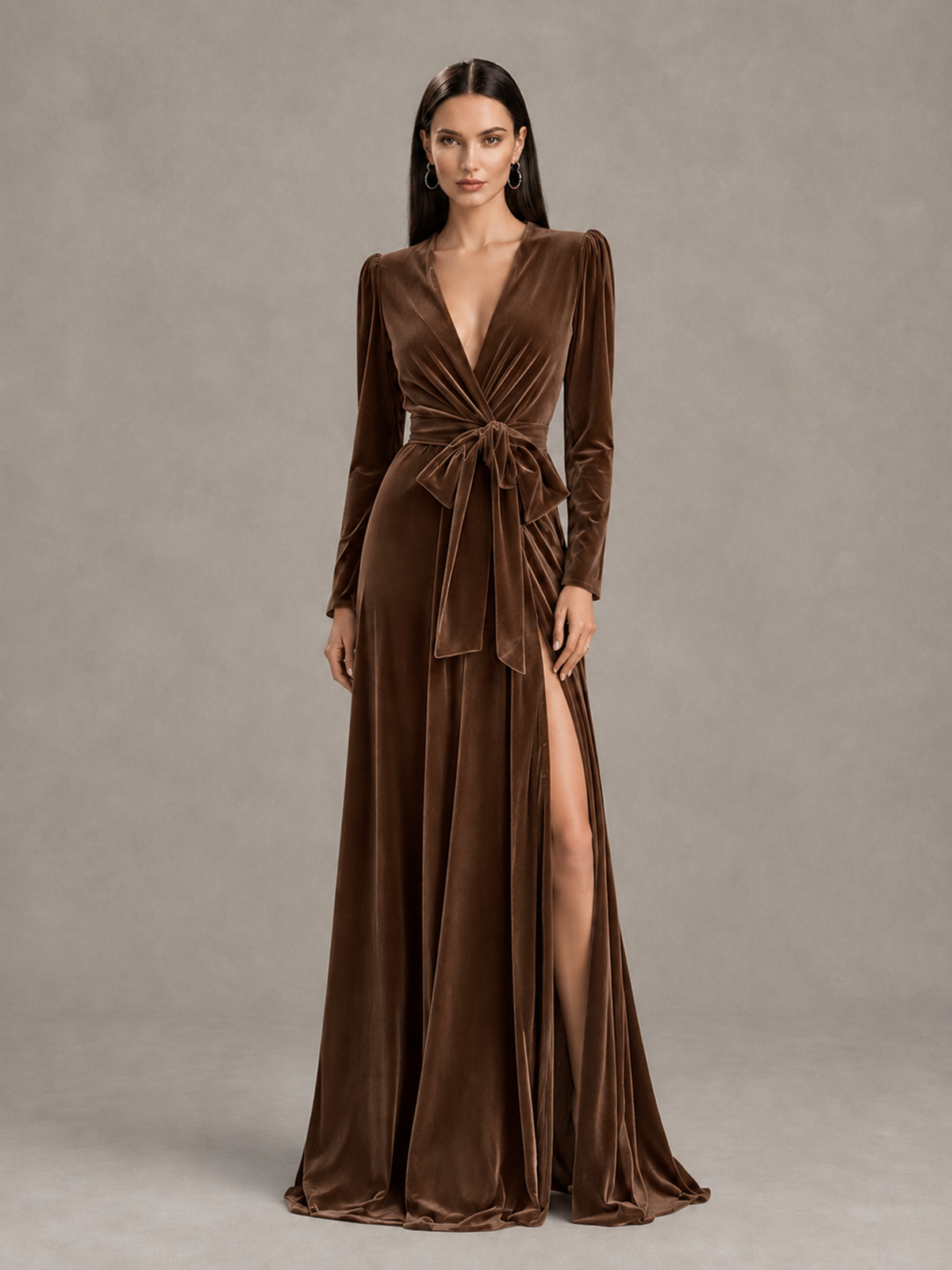BOLODOO Brown Long Sleeve Velvet-Look Evening Dress with High Slit - Brown - Brown_1