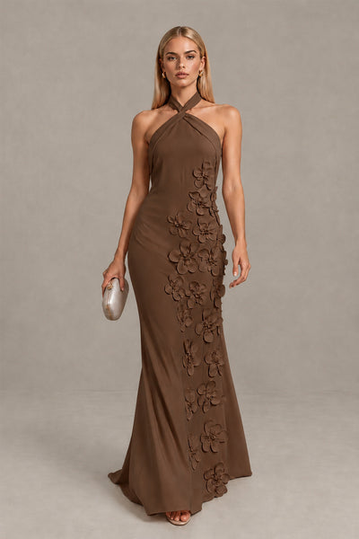 BOLODOO Brown Cross Halter Neck 3D Floral Appliqué Backless Mermaid Maxi Gown - Brown - Brown_1