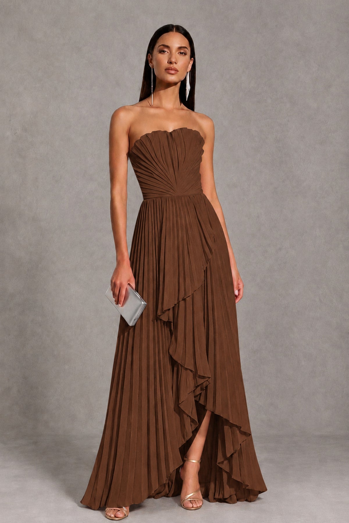 Brown Strapless Pleated High-Low Evening Gown with Ruffle Hem - Brown - Brown_1