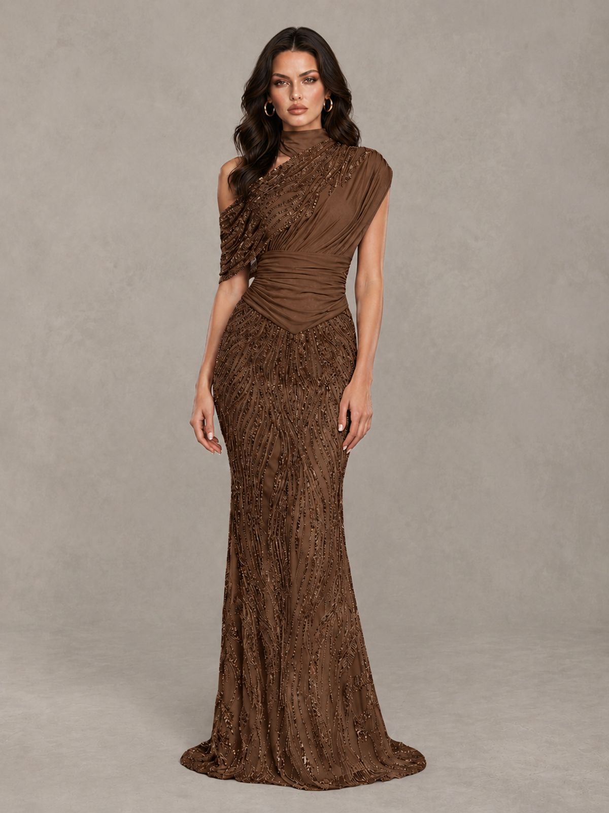 BOLODOO Brown High Neck Draped Sequin Mermaid Evening Gown - Brown - Brown_1