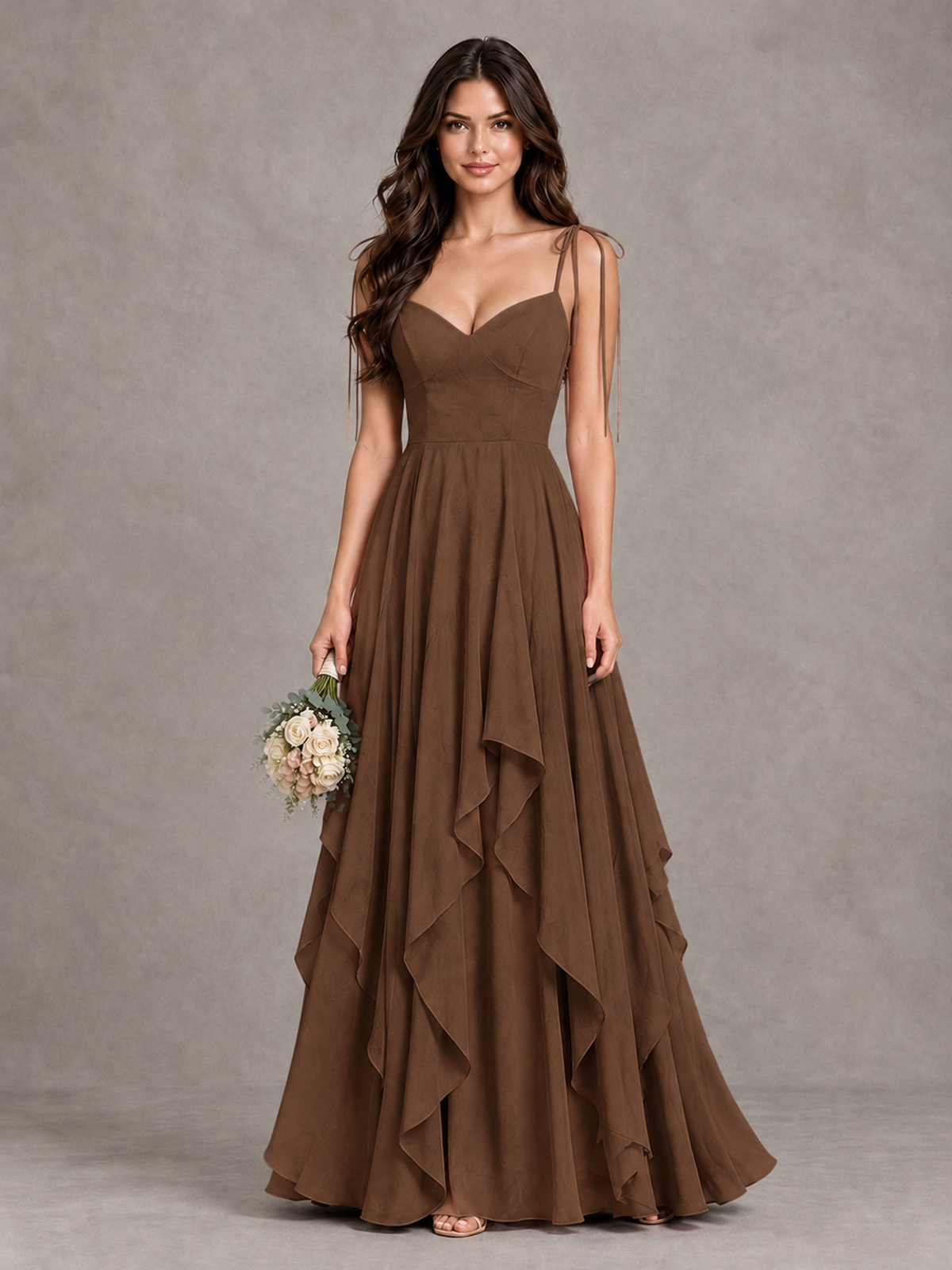 BOLODOO Brown Tie-Strap Ruffle A-Line Bridesmaid Dress - Brown - Brown_1