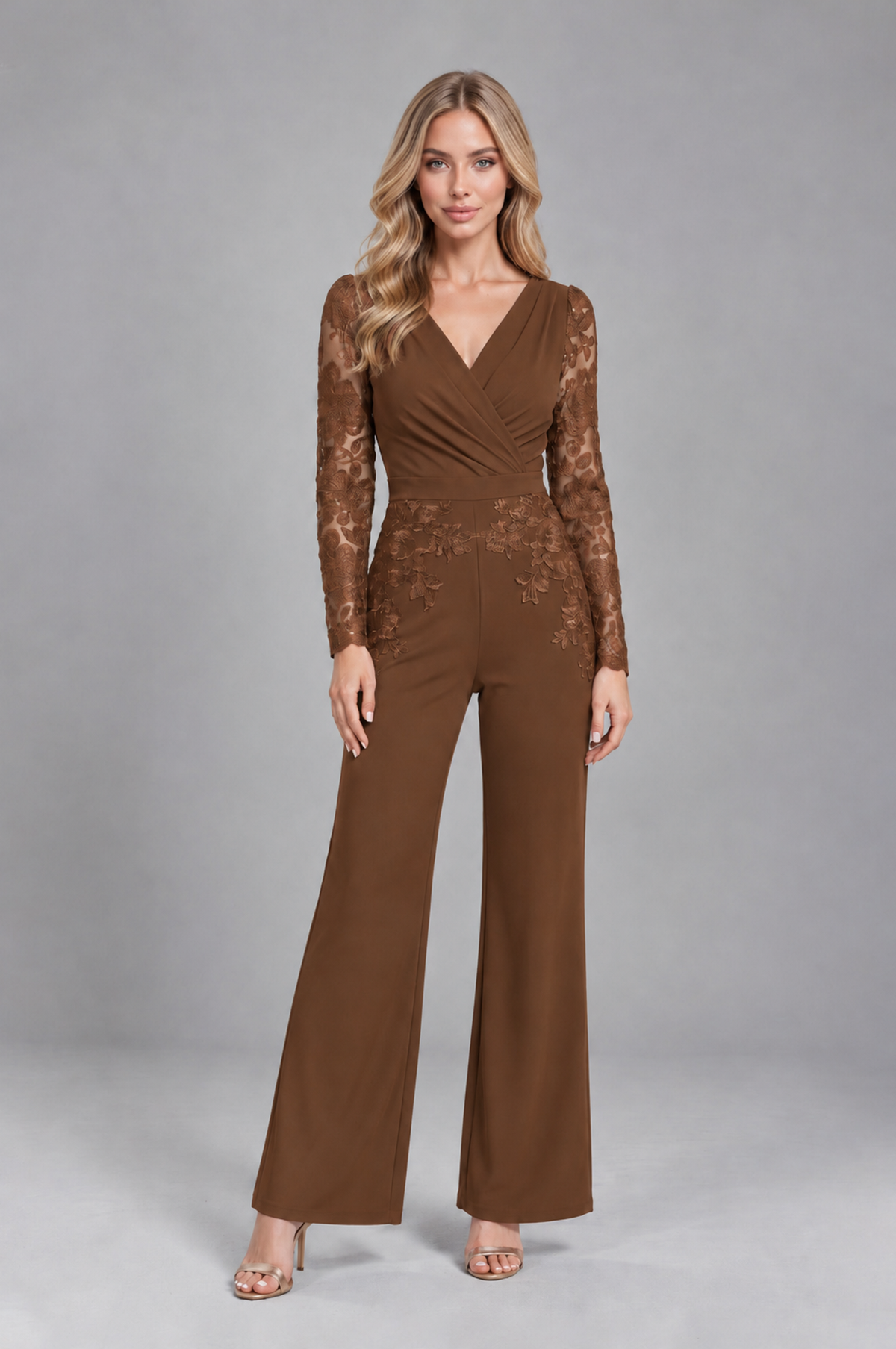 BOLODOO Brown Lace Long-Sleeve V-Neck Mother Pant Suit - Brown - Brown_1