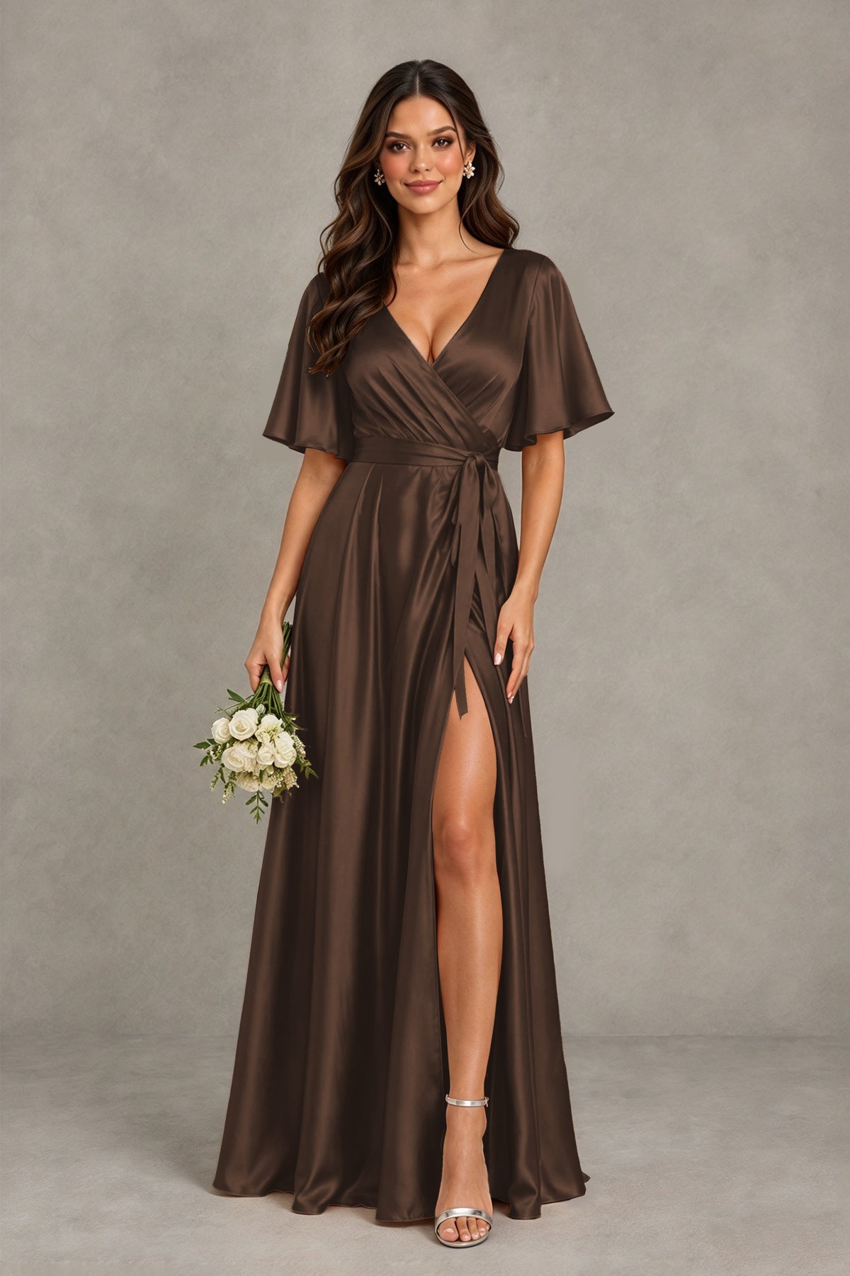 BOLODOO Brown Satin V-Neck Flutter Sleeve Bridesmaid Dress with Slit - Brown - Brown(1)
