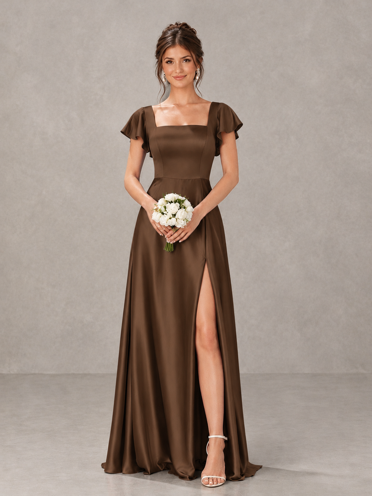 BOLODOO Brown Satin Square Neck Flutter Sleeve A-Line Bridesmaid Dress with Slit - Brown - Brown_1