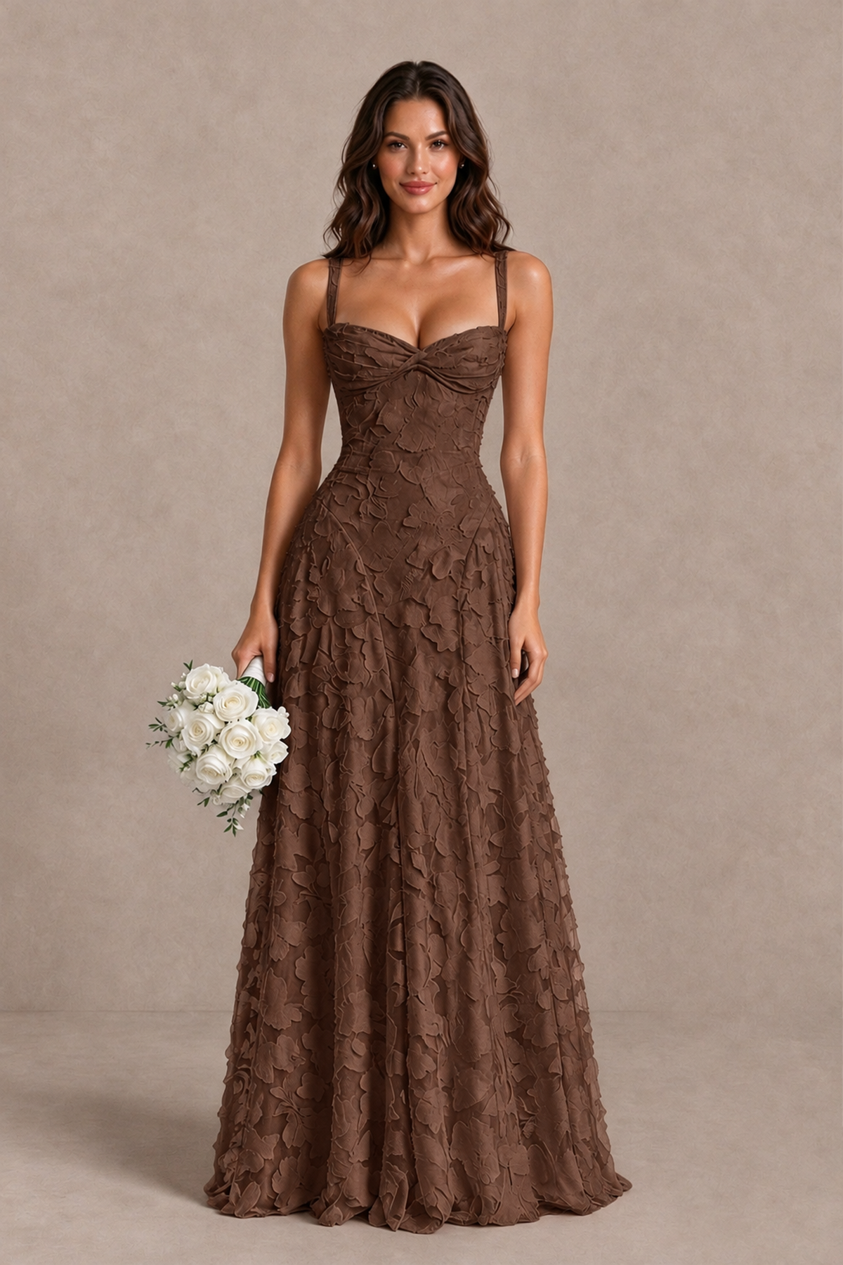 BOLODOO Brown Floral-Textured A-Line Dress with Lace-Up Back - Brown - Brown_1