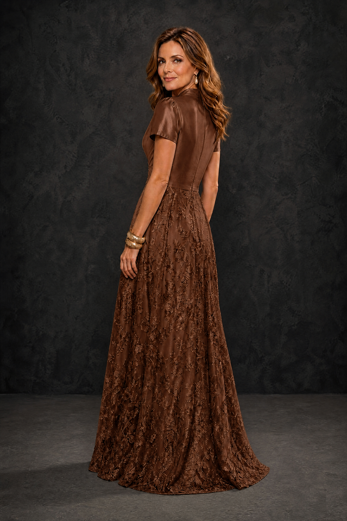 BOLODOO Brown Satin Wrap V-Neck Short Sleeve Lace Glitter A-Line Floor Length Evening Gown – Formal Dress - Brown