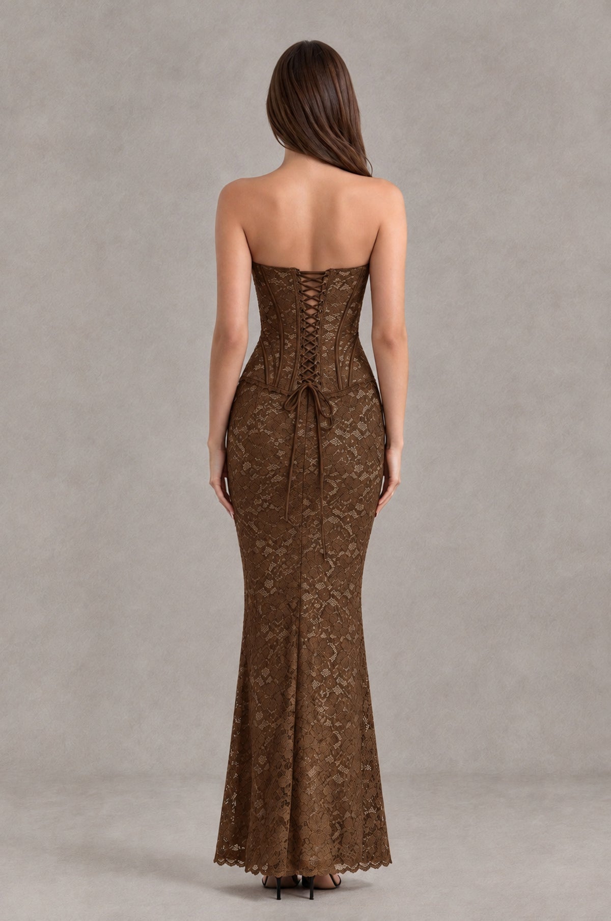 BOLODOO Brown Strapless Lace Corset Wedding Guest Dress - Brown - Brown_2
