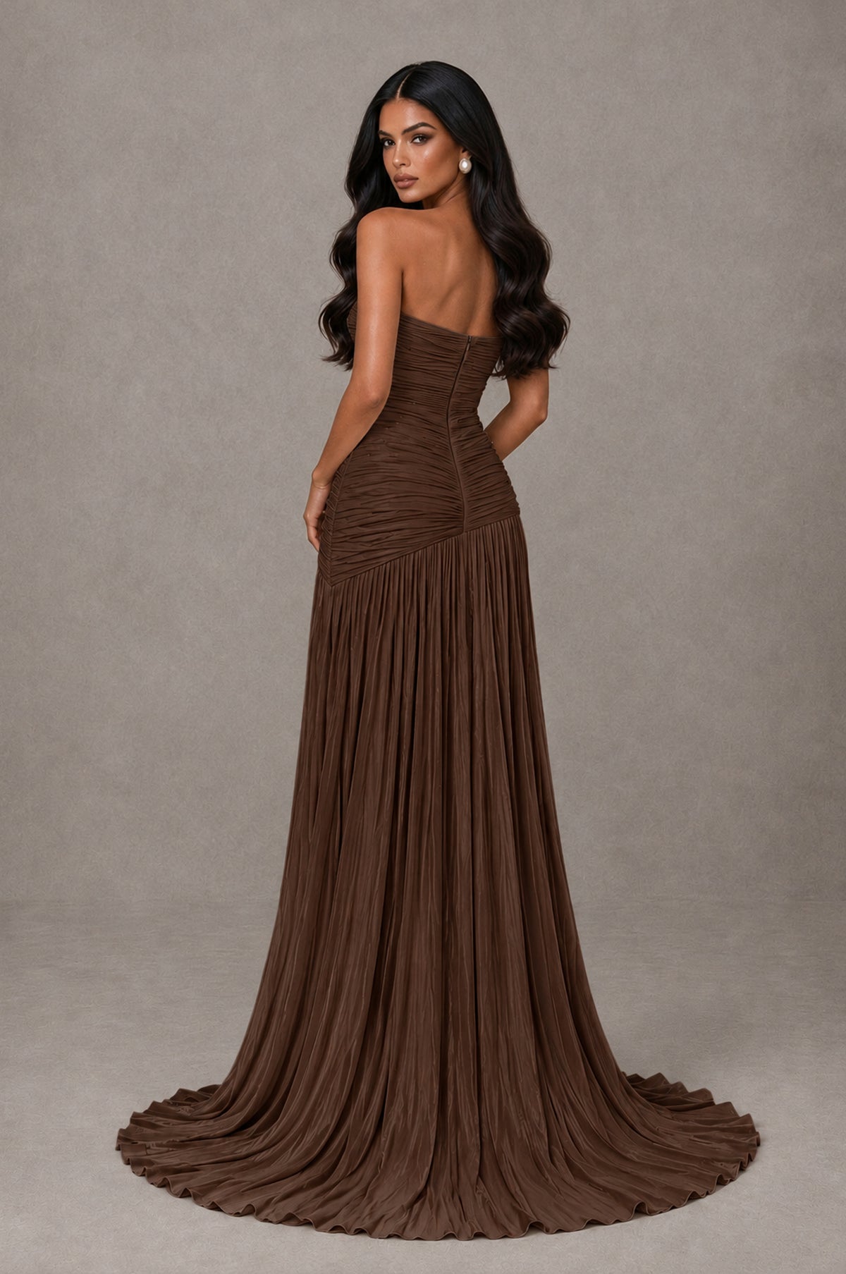 BOLODOO Brown Metallic Ruched Strapless Pleated A-Line Backless Maxi Dress with Train - Brown - Brown_2