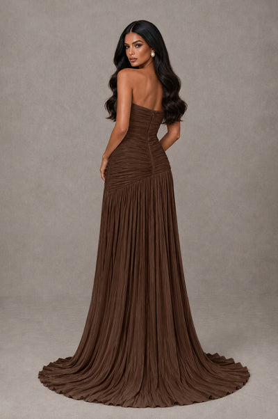BOLODOO Brown Metallic Ruched Strapless Pleated A-Line Backless Maxi Dress with Train - Brown - Brown_2