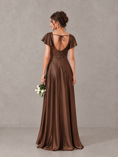 BOLODOO Brown Satin Square Neck Flutter Sleeve A-Line Bridesmaid Dress with Slit - Brown - Brown_2
