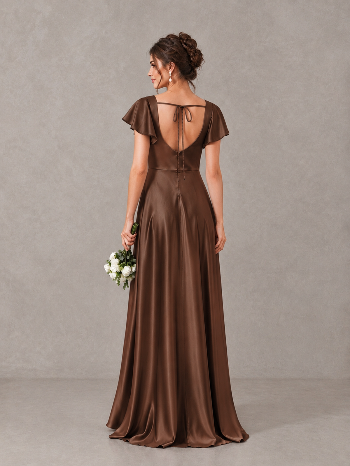 BOLODOO Brown Satin Square Neck Flutter Sleeve A-Line Bridesmaid Dress with Slit - Brown - Brown_2
