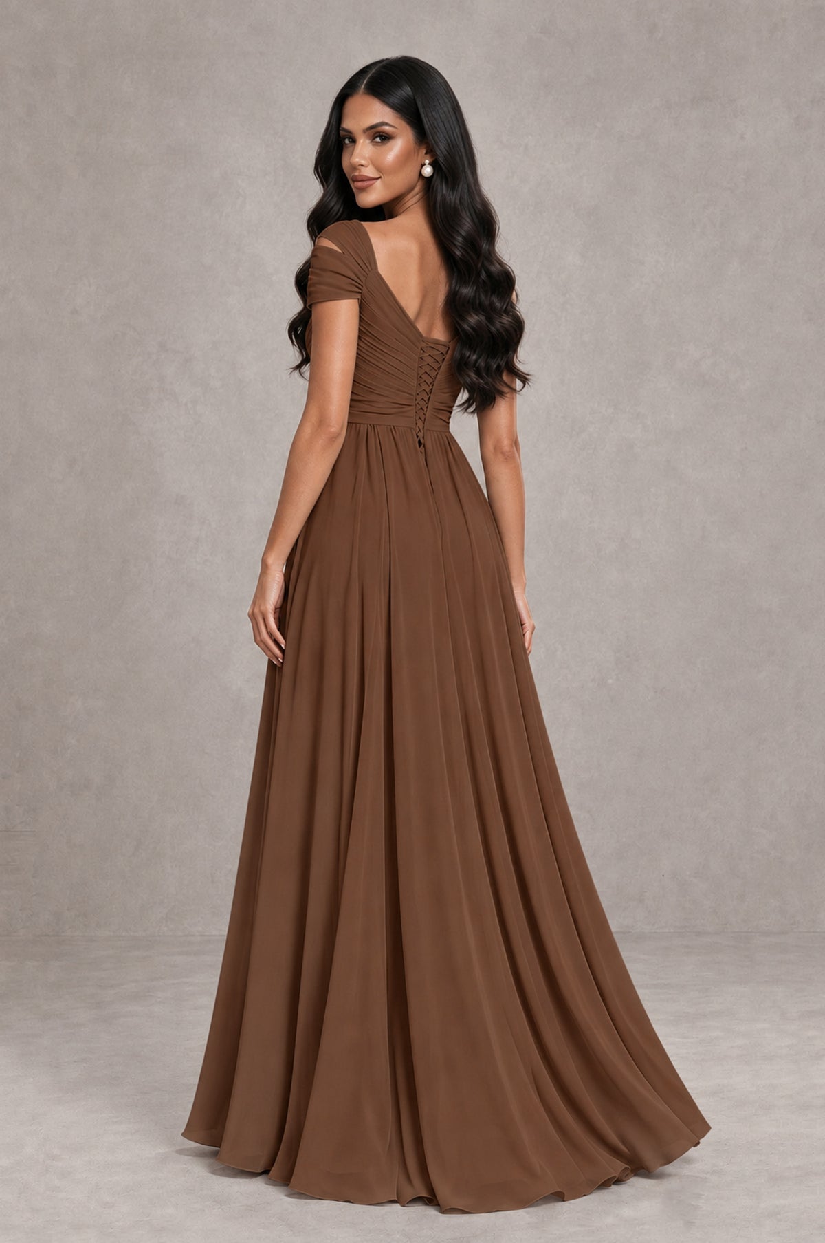 BOLODOO Brown Cold Shoulder Chiffon Evening Dress with V Neck and High Slit - Brown - Brown_2