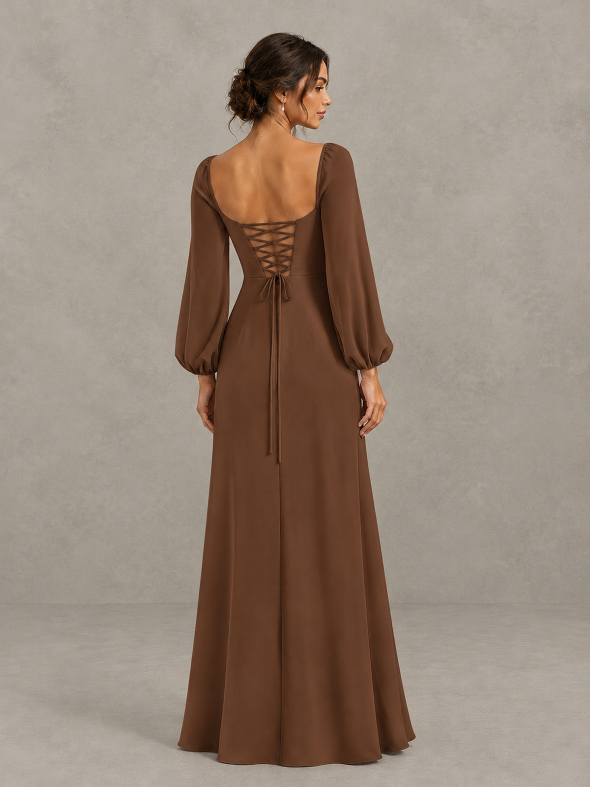 BOLODOO Brown Square Neck Long Sleeve Bridesmaid Dress with High Slit - Brown - Brown_2