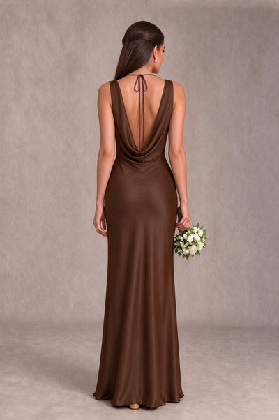 BOLODOO Brown Cowl Neck Open Back Satin Bridesmaid Dress - Brown - Brown_2