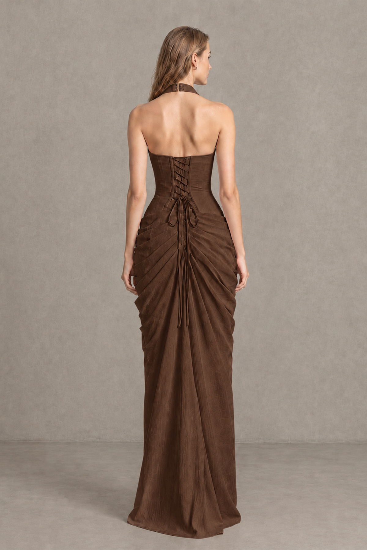BOLODOO Brown Halter Neck Ruched Maxi Dress with High Slit - Brown - Brown_2