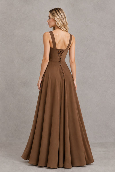 BOLODOO Brown Square Neck Ruffle A-Line Bridesmaid Dress with Slit - Brown - Brown_2