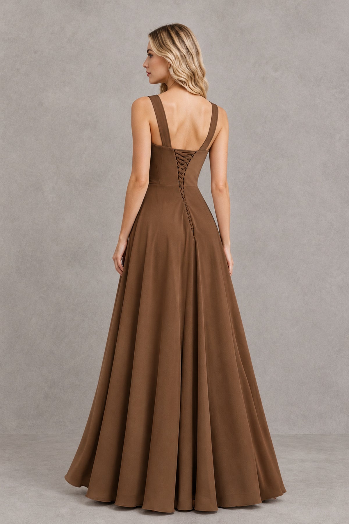 BOLODOO Brown Square Neck Ruffle A-Line Bridesmaid Dress with Slit - Brown - Brown_2