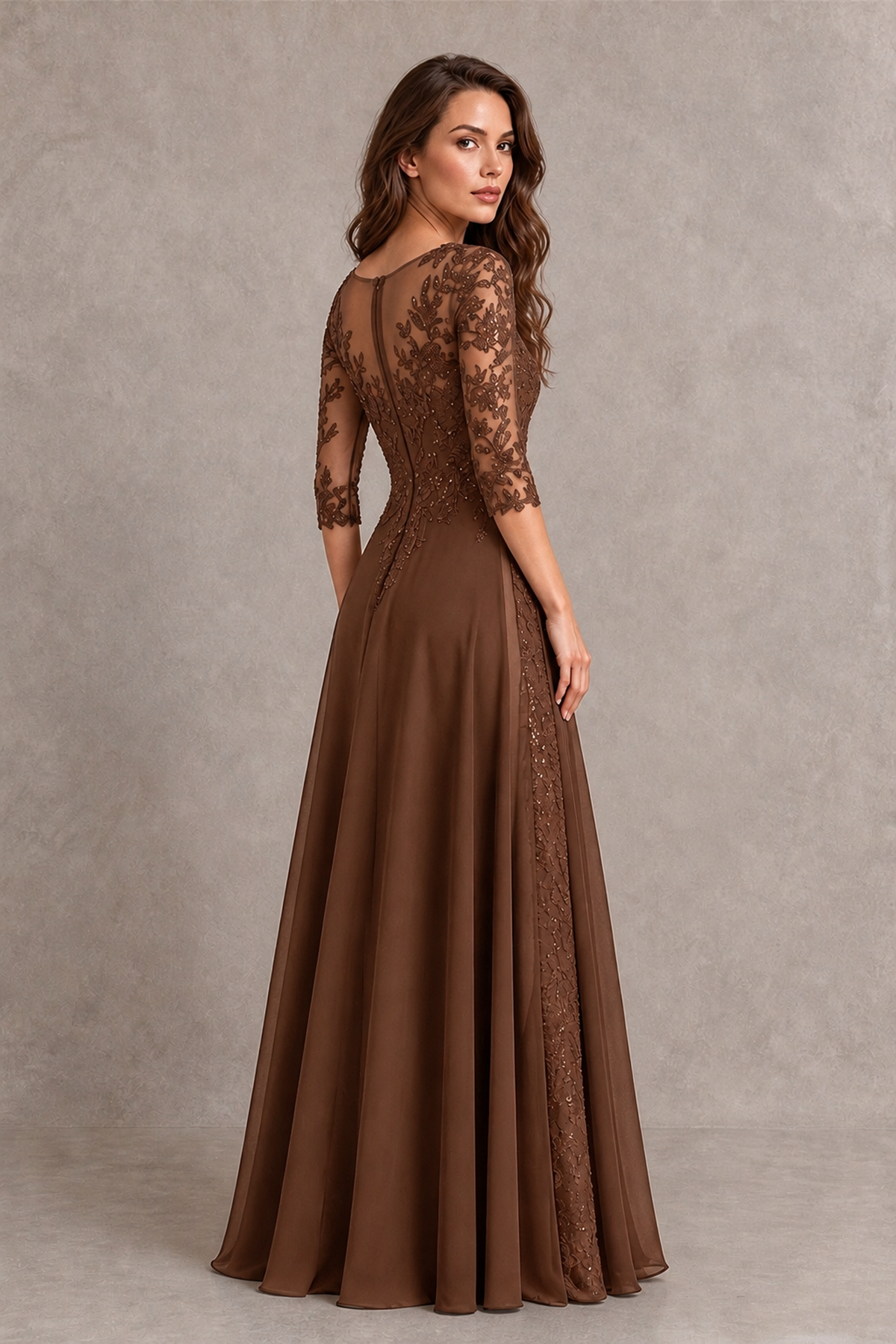BOLODOO Midnight Brown Beaded Lace Appliqué Chiffon A-Line Gown | Mother of the Bride & Formal Evening Dress - Brown - Brown_2