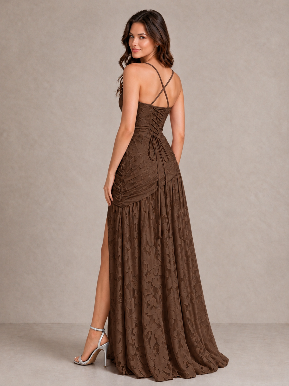 BOLODOO Brown Floral Jacquard Bridesmaid Dress with Square Neck, Lace-Up Back & High Slit - Brown - Brown_2
