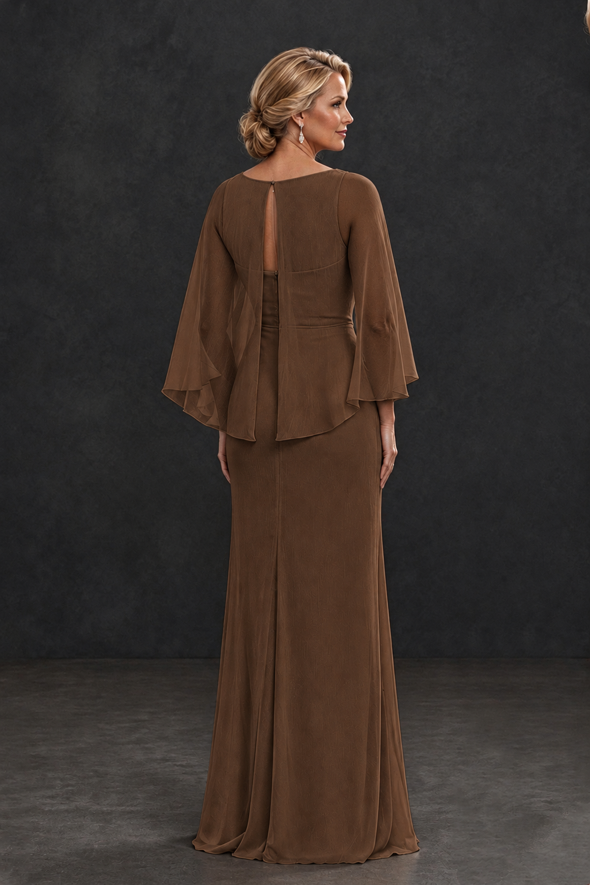 BOLODOO Brown Cape Sleeve Mother of the Bride Dress with Ruched Waist - Brown - Brown_2