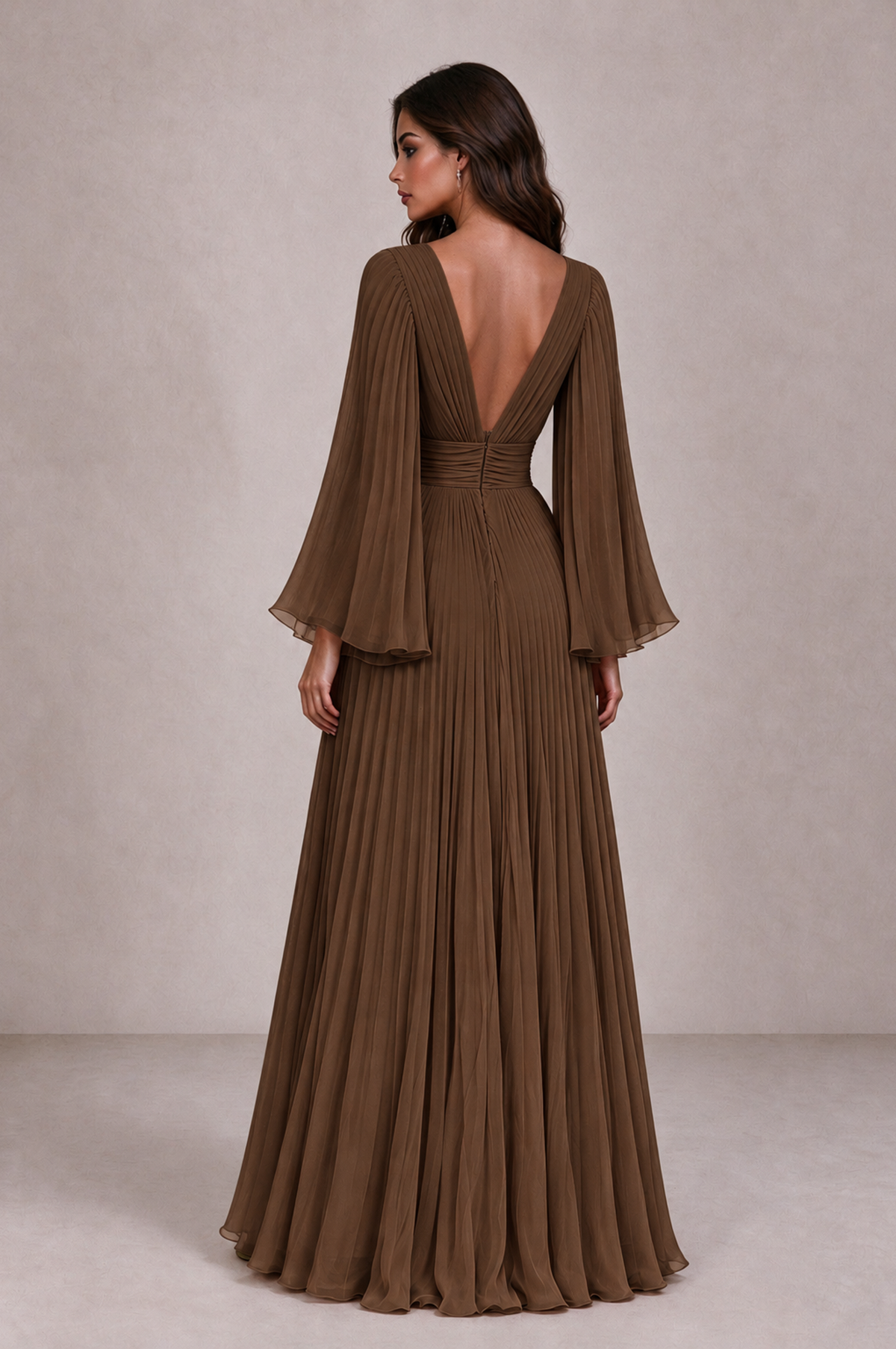 BOLODOO Brown Pleated Deep V-Neck Long Bell Sleeve Evening Dress - Brown - Brown_2