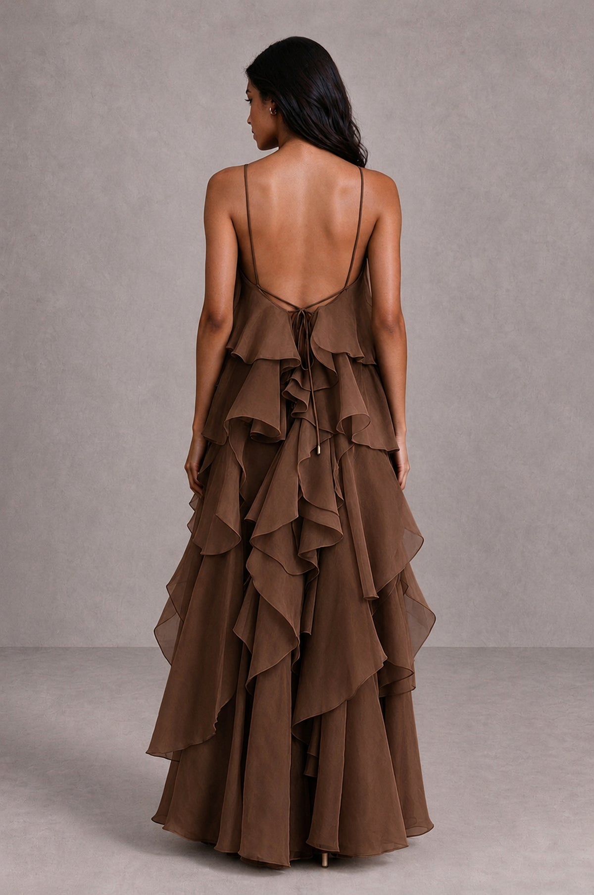 BOLODOO Brown Cascading Ruffle Rosette Open-Back Maxi Dress - Brown - Brown_2