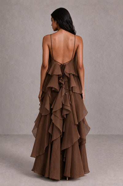 BOLODOO Brown Cascading Ruffle Rosette Open-Back Maxi Dress - Brown - Brown_2
