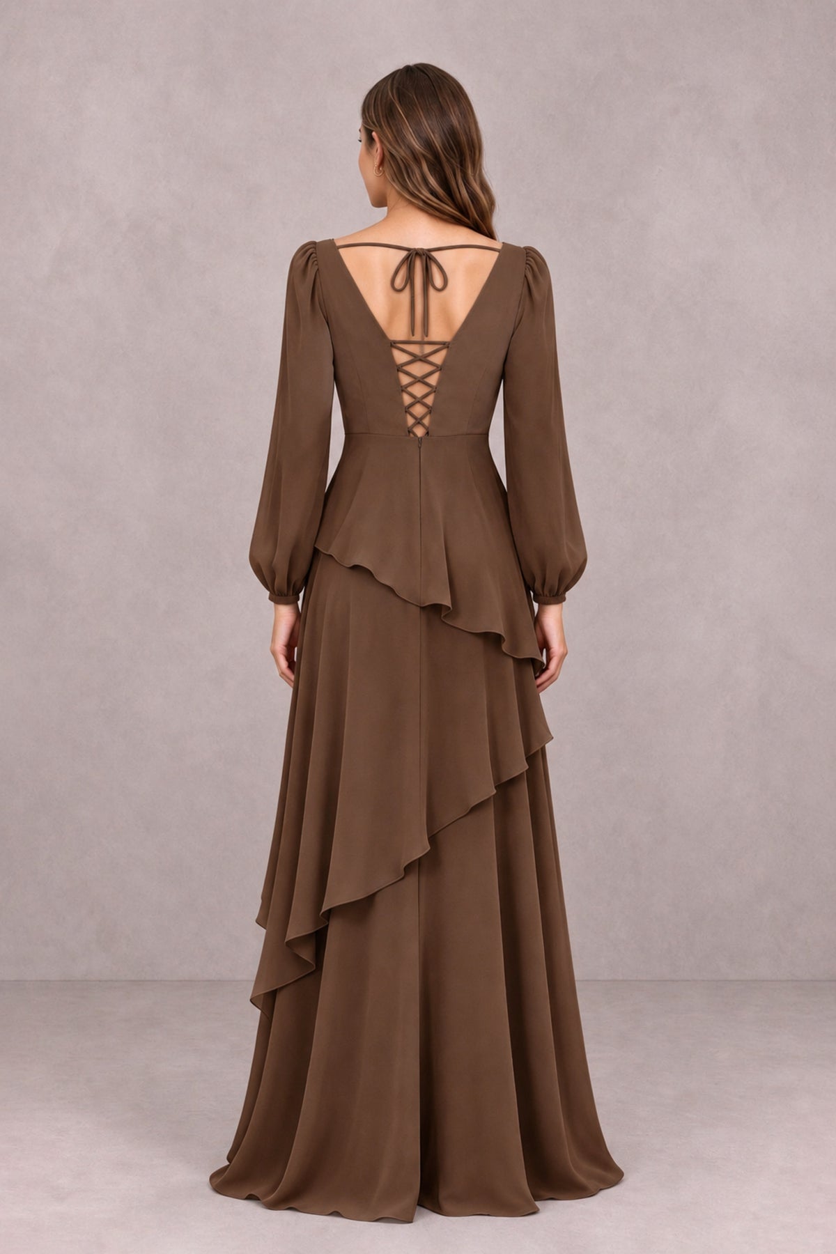 BOLODOO Brown Long Sleeve Ruffle Bridesmaid Dresses - Brown - Brown_2