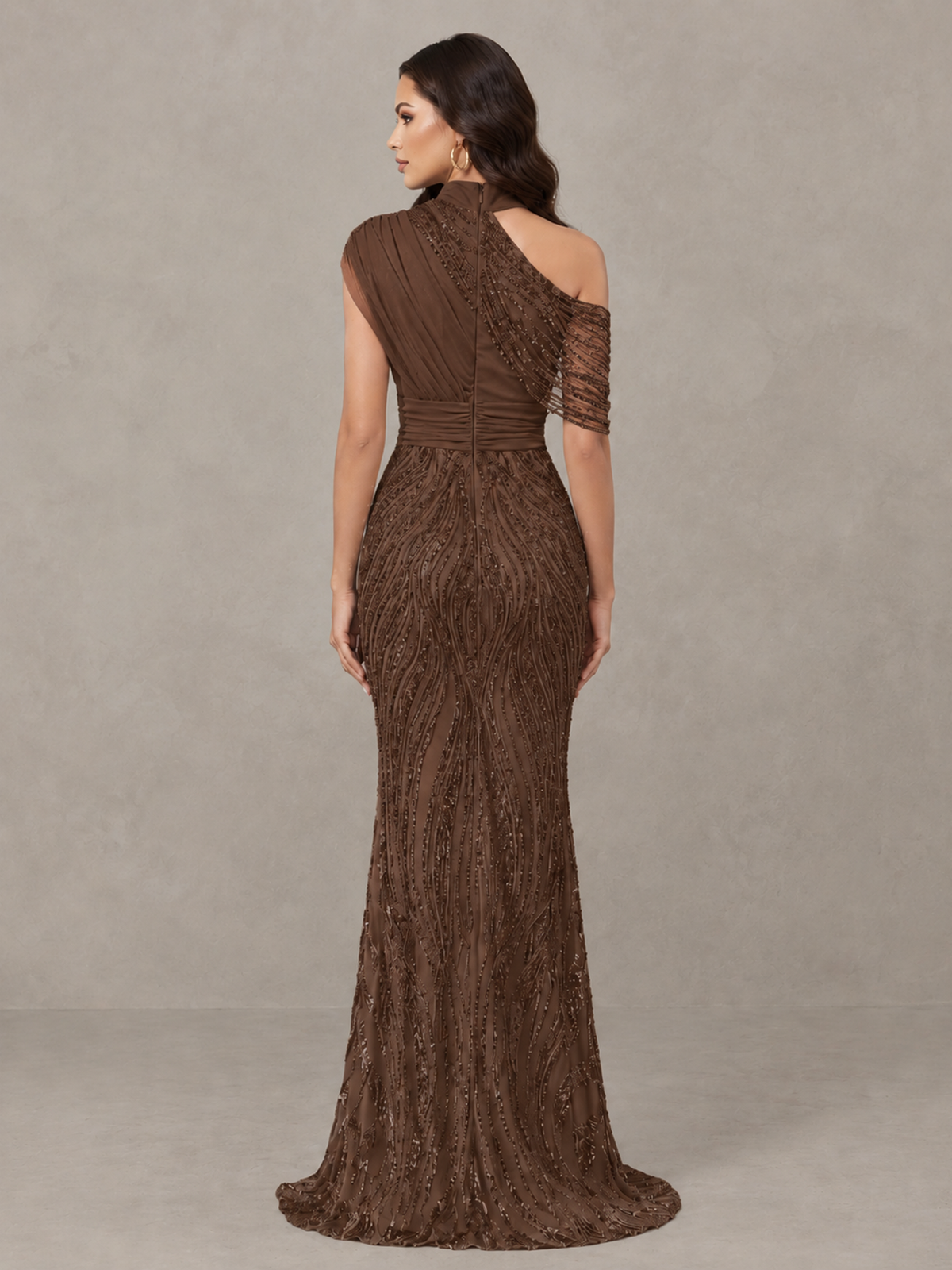 BOLODOO Brown High Neck Draped Sequin Mermaid Evening Gown - Brown - Brown_2