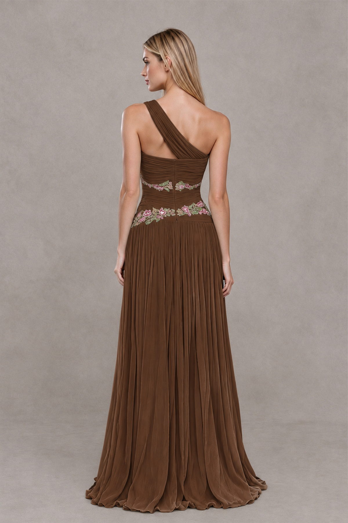 BOLODOO Brown One-Shoulder Floral Applique A-Line Evening Dress - Brown - Brown_2