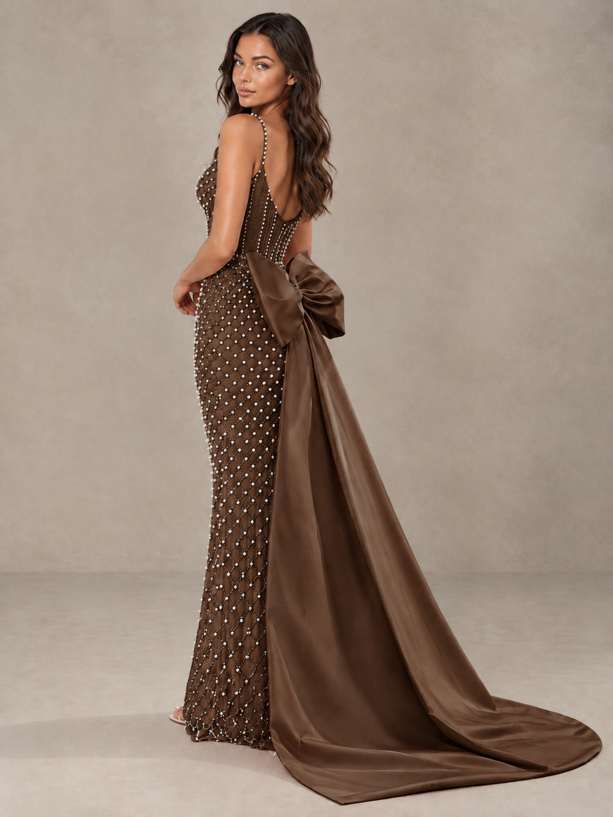 BOLODOO Brown Beaded Corset Prom Dress with Bow Train - Brown - Brown_2