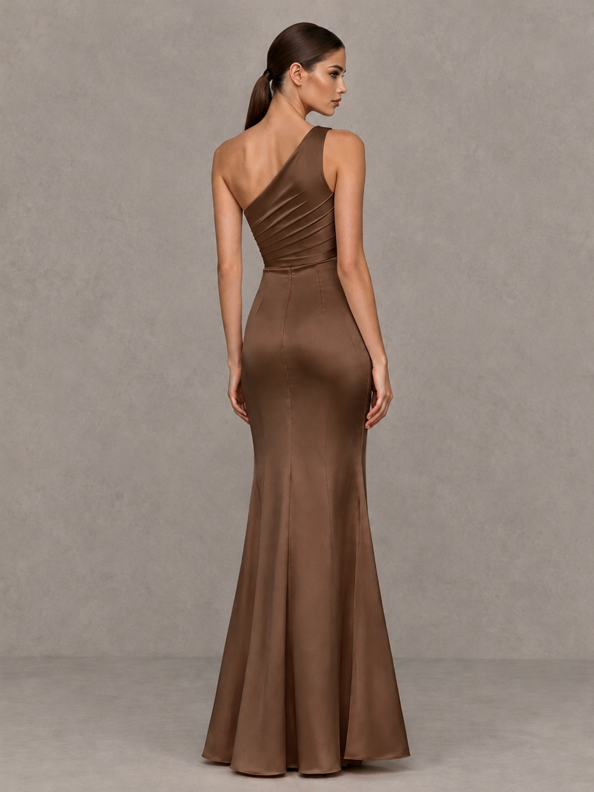 BOLODOO Brown One-Shoulder Ruched Satin-Look Evening Gown with High Slit - Brown - Brown_2