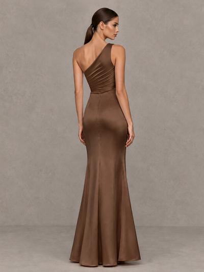 BOLODOO Brown One-Shoulder Ruched Satin-Look Evening Gown with High Slit - Brown - Brown_2