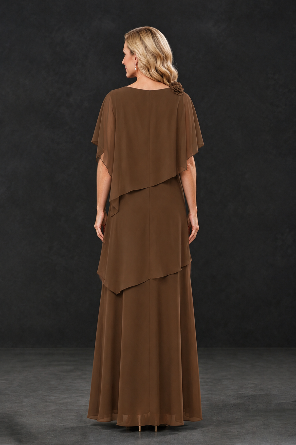 BOLODOO Brown Tiered Flutter Sleeve Mother of the Bride Maxi Dress - Brown - Brown_2