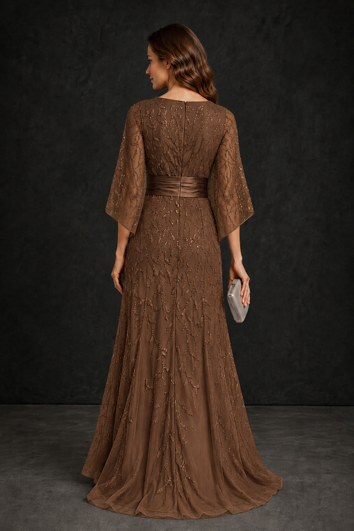BOLODOO Brown Bateau Neck Bell Sleeve Sequin Embroidered Satin Waist A-Line Maxi Dress - Brown - Brown_2