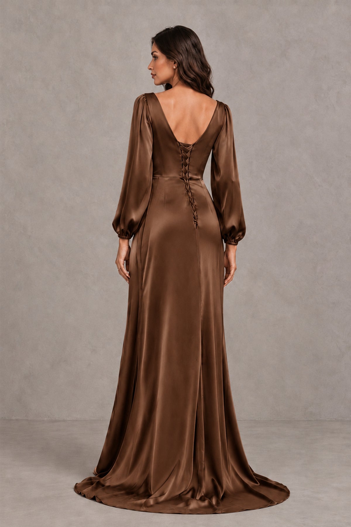 BOLODOO Brown Satin-Look Long Sleeve Evening Dress with High Slit - Brown - Brown_2