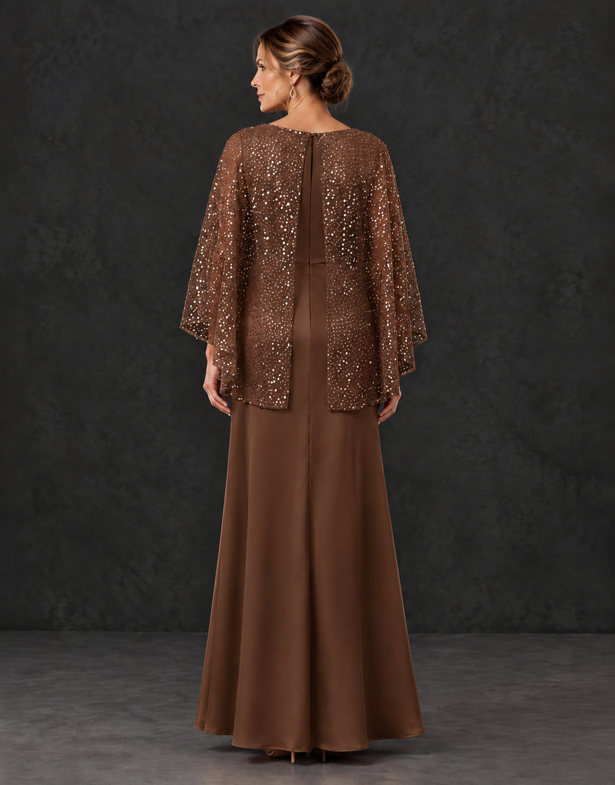 BOLODOO Brown Sparkle Cape Sleeve Mother of the Bride Dress - Brown - Brown_2