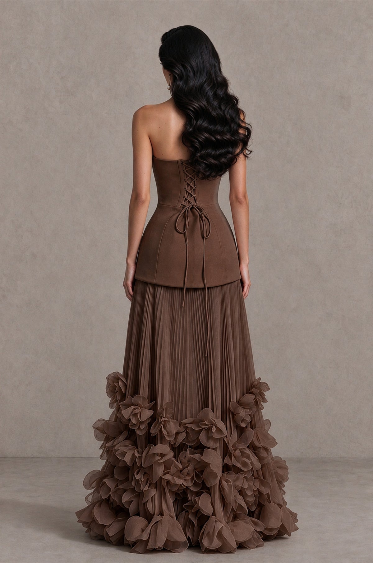 BOLODOO Brown Strapless Pleated Floral Hem Evening Gown - Brown - Brown_2