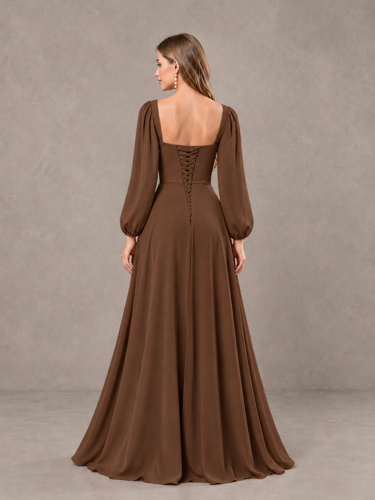 BOLODOO Brown Square Neck Long Sleeve Bridesmaid Dress with Ruffle Slit - Brown - Brown_2