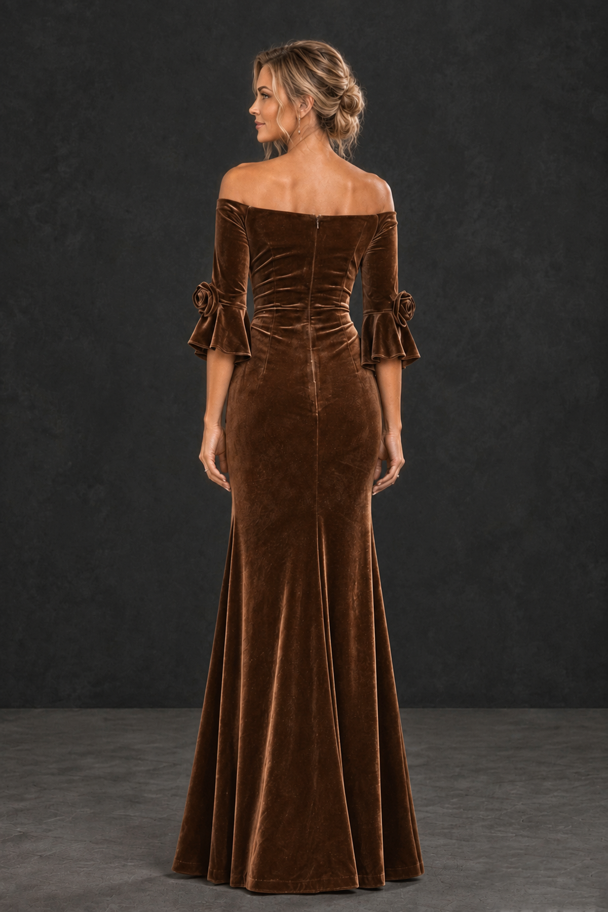 BOLODOO Brown Velvet Off-Shoulder Mother of the Bride Dress – 3/4 Floral Cuff Sleeve Mermaid Evening Gown - Brown - Brown_2