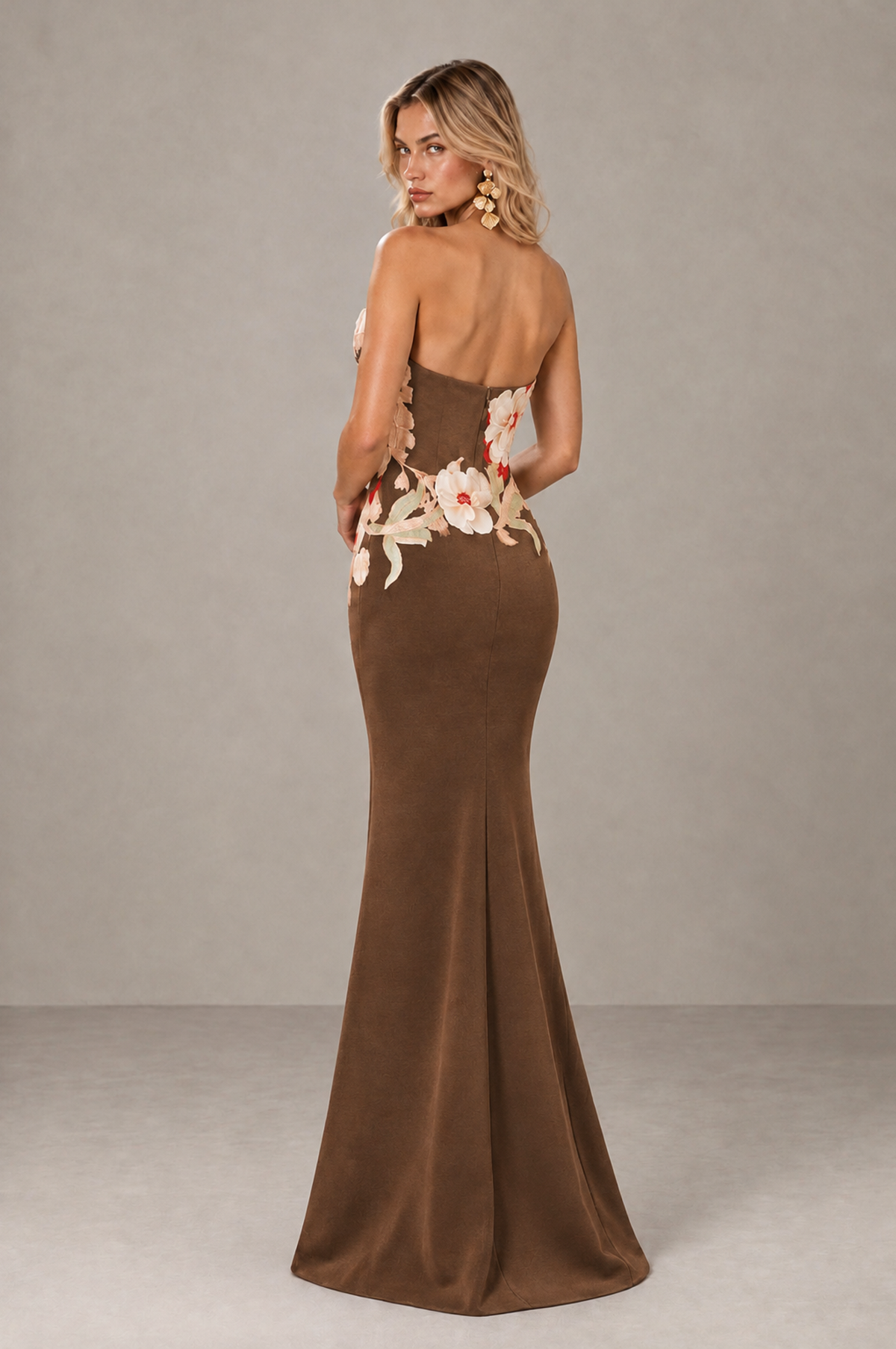 BOLODOO Brown Strapless Floral Mermaid Evening Dress with Slit - Brown - Brown_2
