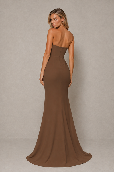 BOLODOO Brown Strapless Sweetheart Ruched Mermaid Gown | Cascade Drape Formal Evening Dress - Brown - Brown_2