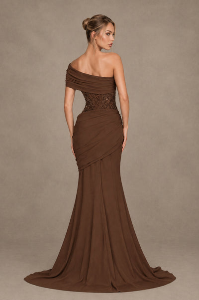 BOLODOO Brown One-Shoulder Sequin Embroidered Ruched Mermaid Gown with Train - Brown - Brown_2