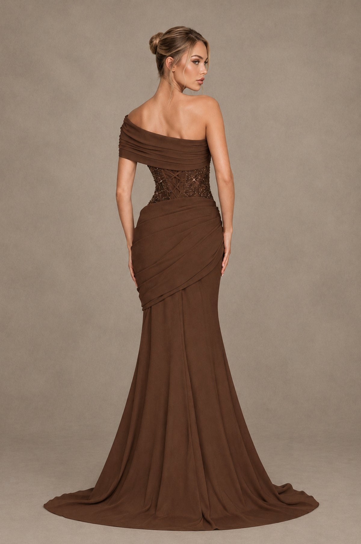 BOLODOO Brown One-Shoulder Sequin Embroidered Ruched Mermaid Gown with Train - Brown - Brown_2