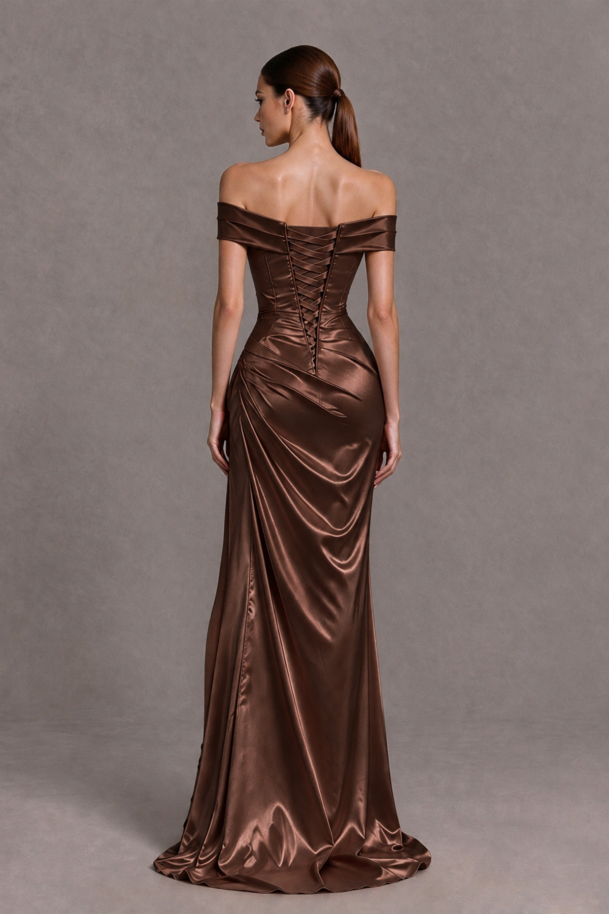 BOLODOO Brown Off-the-Shoulder Ruched Satin Prom & Evening Dress with High Slit - Brown - Brown_2