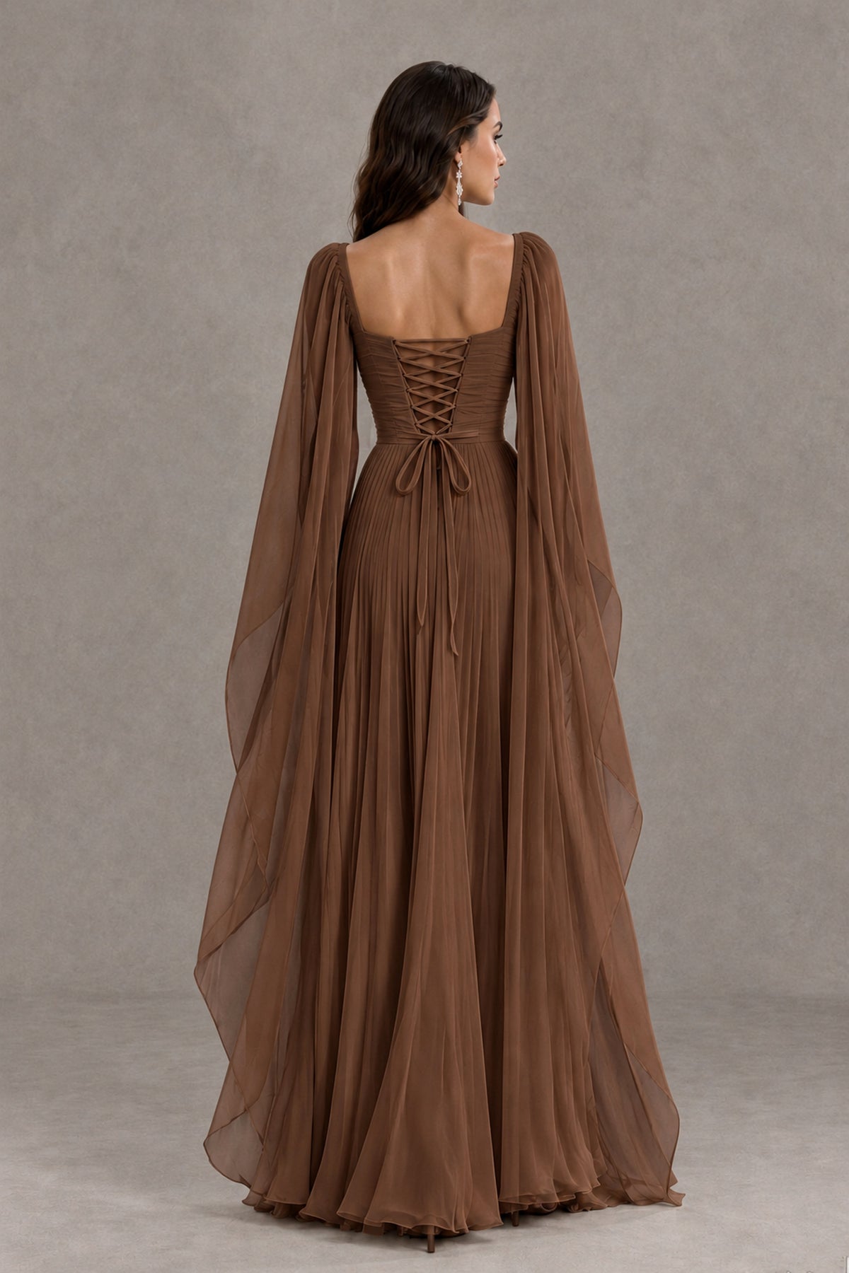 BOLODOO Brown Square Neck Cape Sleeve A-Line Evening Dress - Brown - Brown_2