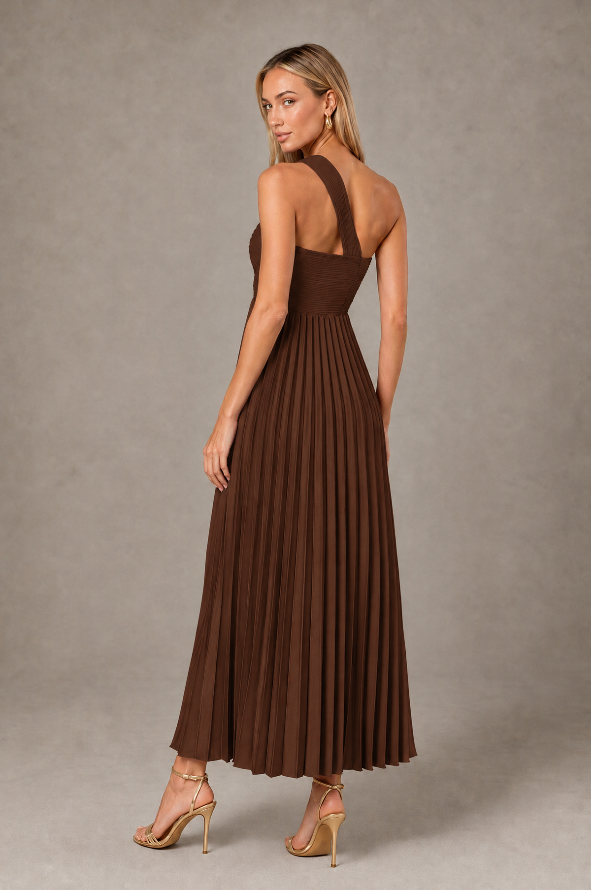 BOLODOO Brown One-Shoulder Twist Knot Pleated Satin Midi Dress with Cutout - Brown - Brown_2