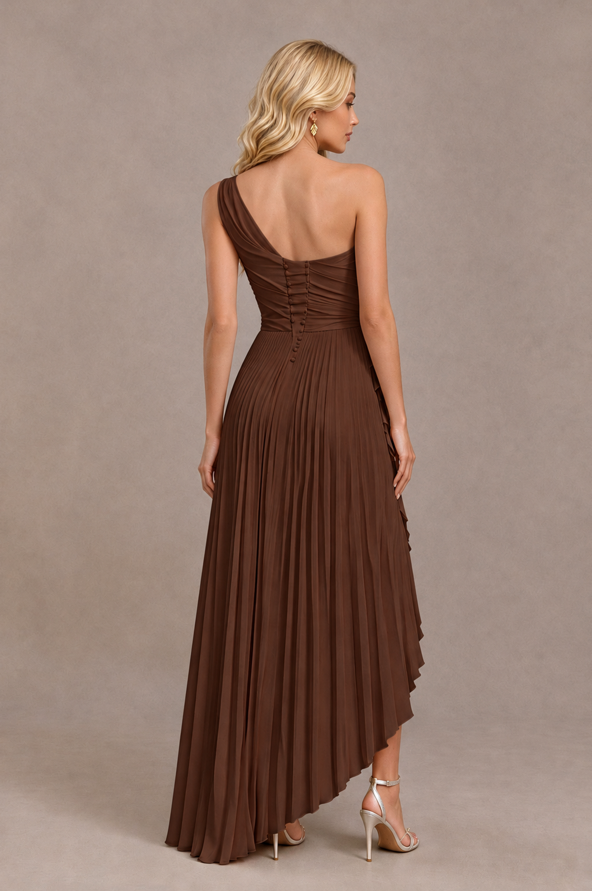 BOLODOO Brown One-Shoulder High-Low Ruffle Maxi Dress - Brown - Brown_2