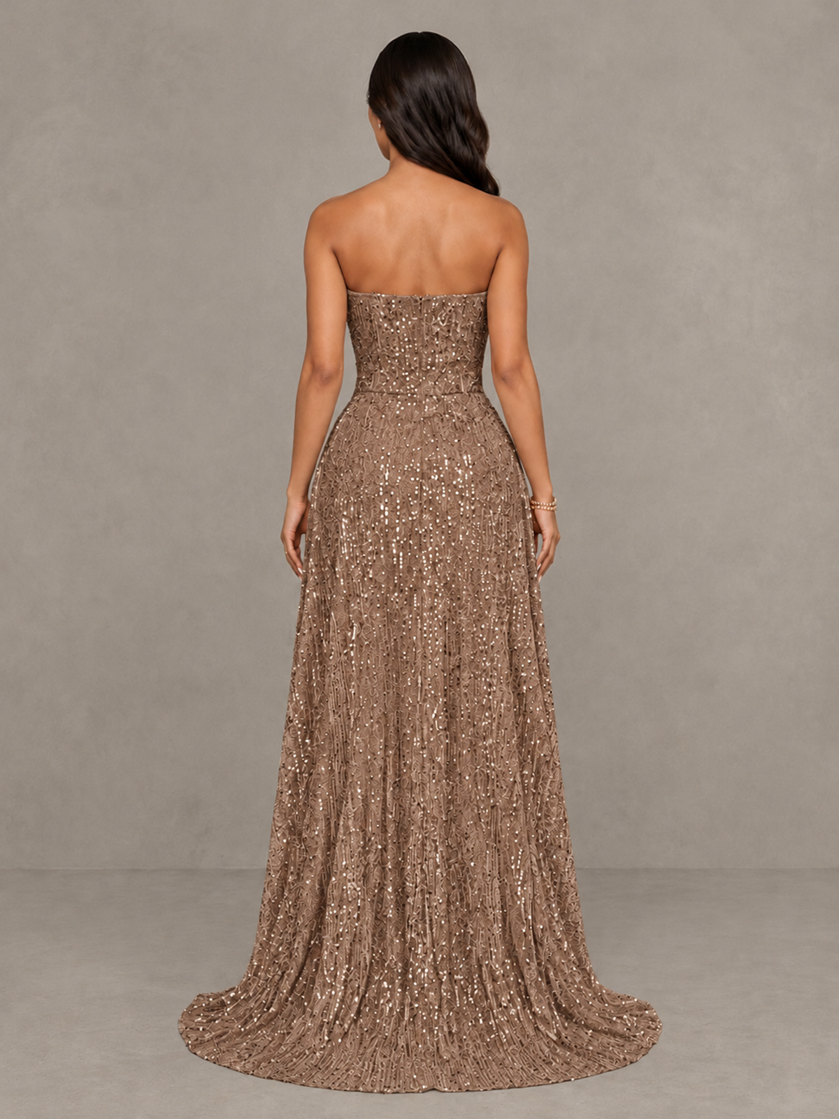 BOLODOO Brown Sequin Strapless Mini Dress with High Low Overskirt - Brown - Brown_2